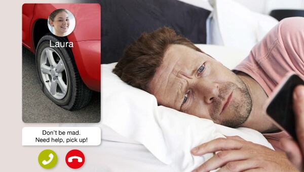 Man in bed looking at phone screen, Laura on the video call to him