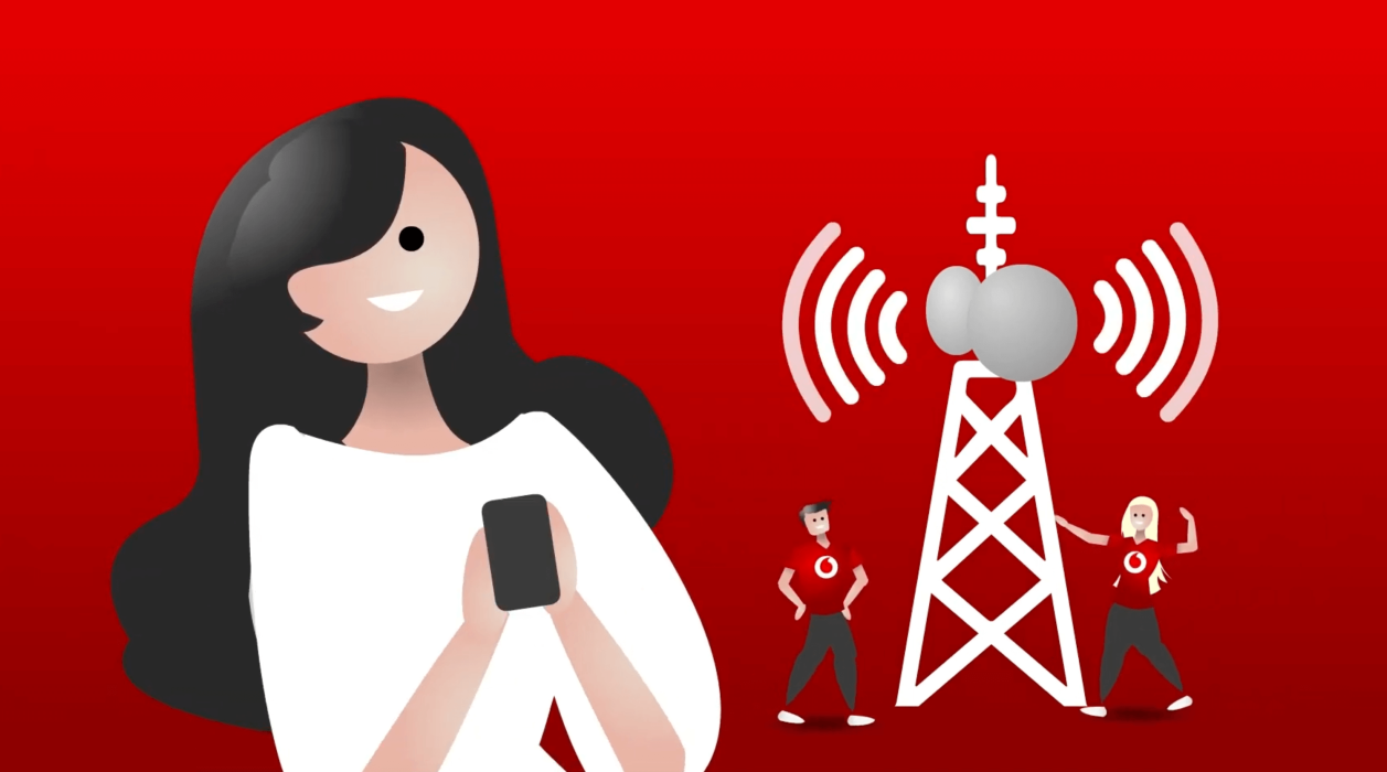 Cartoon image of a girl with mobile network tower behind.