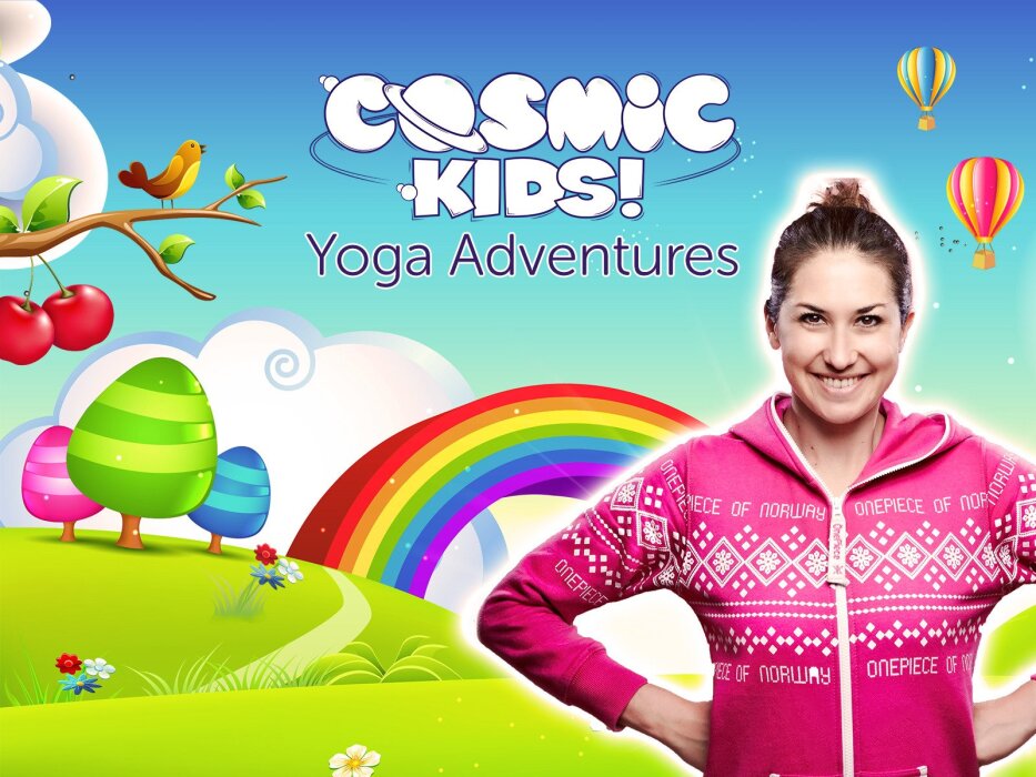 cosmic kids yoga adventure with woman and rainbow
