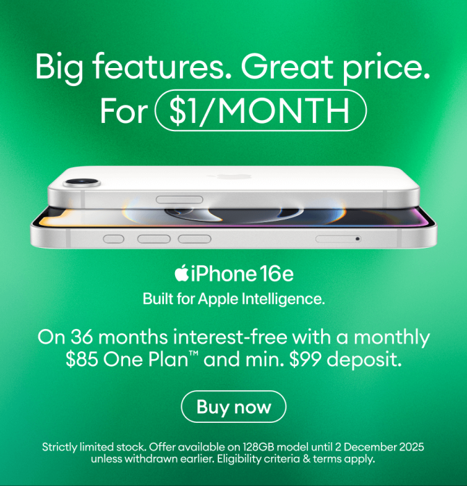Big features. Great price. For $1/month on 36 months interest-free with a monthly $85 One Plan™ and minimum $99 deposit. iPhone 16e. Built for Apple Intelligence.