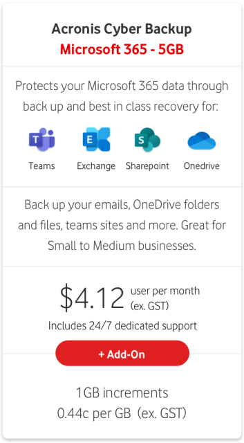 $4.12 per user per month (excl. GST) for Acronis Cyber Backup Microsoft 365