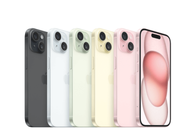 iPhone 15 in black, white, green, yellow and pink.