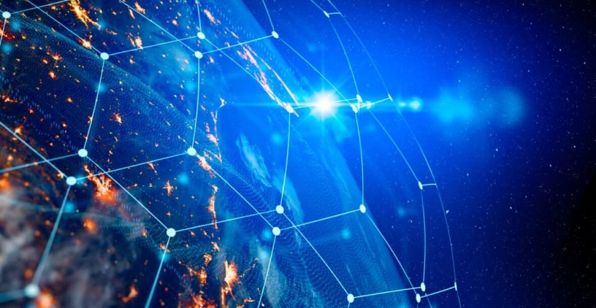 Photo of the earth showing communication links between different cities