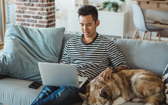 Man web-browsing with his laptop, beside a dog.