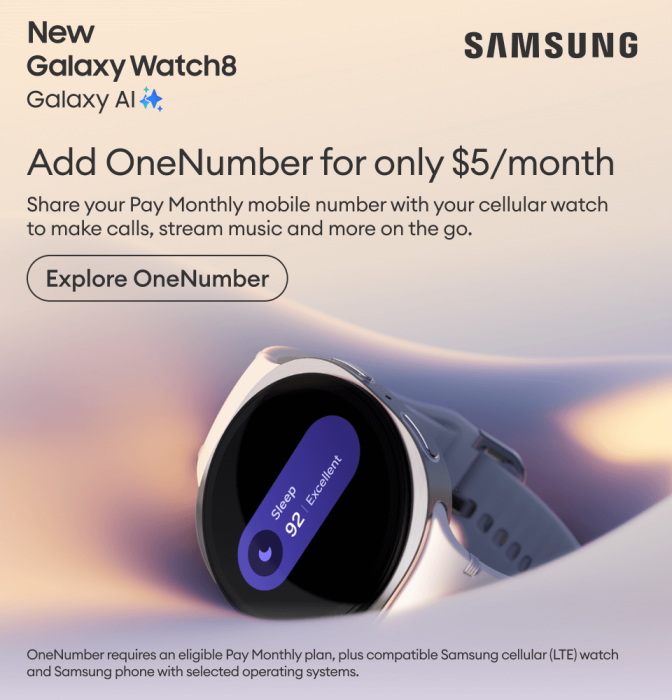 Add OneNumber for only $5/month - Share your Pay Monthly mobile number with your cellular watch to make calls, stream music and more on the go.