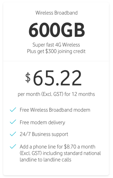 600GB Wireless Broadband $65.22 per month (Excl GST) for 12 months