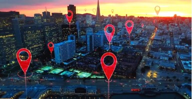 A graphic depicting 5G coverage spots on a city skyline