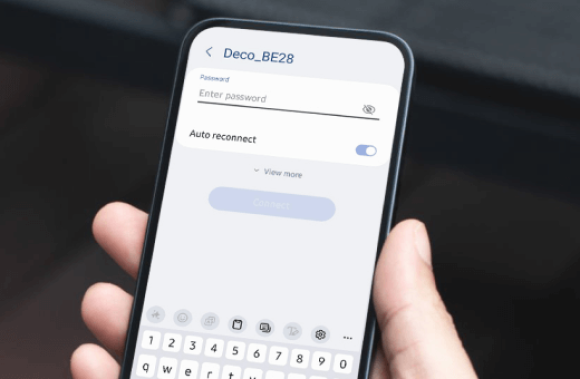Smartphone displaying Wi-Fi setup for TP-Link Deco_BE28, including password input and auto reconnect option.