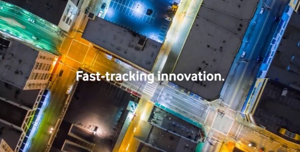 Image of city with text Fast-tracking innovation