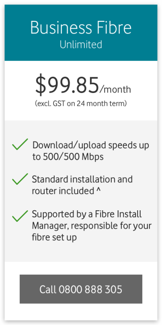 Business 100 Fibre Unlimited
$99.85/month (excl. GST on a 24 month term)
Download/upload speeds up to 500/500Mbps
Standard installation and router included^
Supported by a Fibre Install Manager, responsible for your fibre set up
Call 0800 888 305