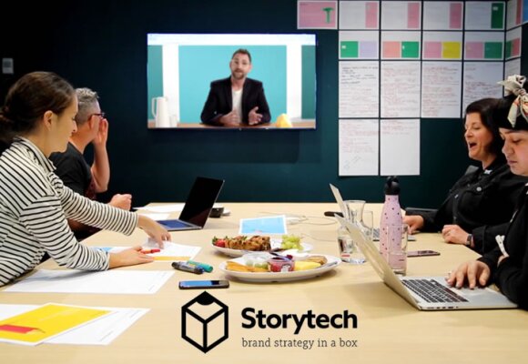 People in a video conference with storytech logo