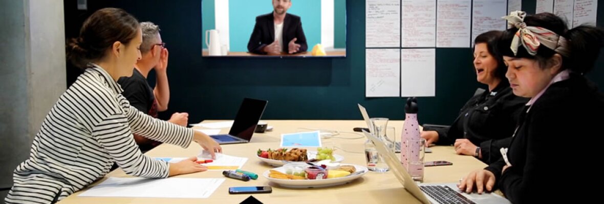 People in a video conference with storytech logo