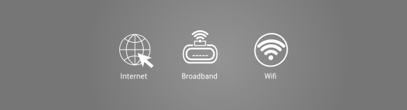 Icons showing the internet, broadband and wifi