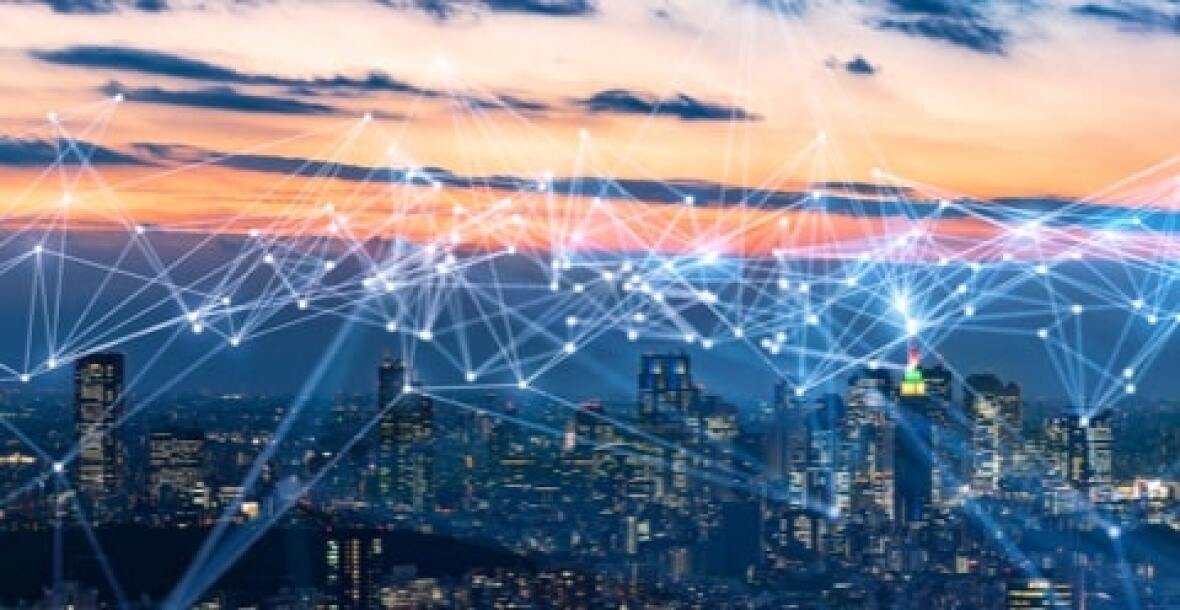 Photo of city showing communication links