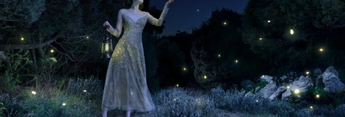 Woman in a garden holding lantern with fireflies