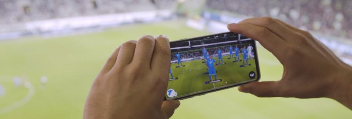 Person holding mobile phone in a stadium