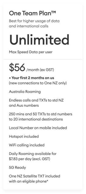 One Team Plan Unlimited max speed data per user $56 per month (ex. GST)